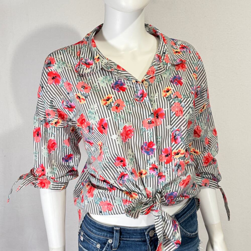 Sanctuary Button Down Shirt Womens Medium Pink Gray Striped Floral Tunic Blouse - Picture 2 of 14
